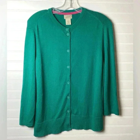 LL Bean Cotton Knit Button Down Green Cardigan Sweater Size Large - Picture 7 of 7